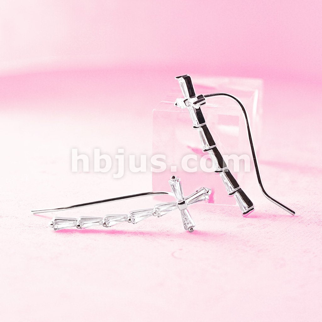 Brass Pair of Princess Cut CZ Cross Prepacked Ear Crawler/Ear Climber - Image 3