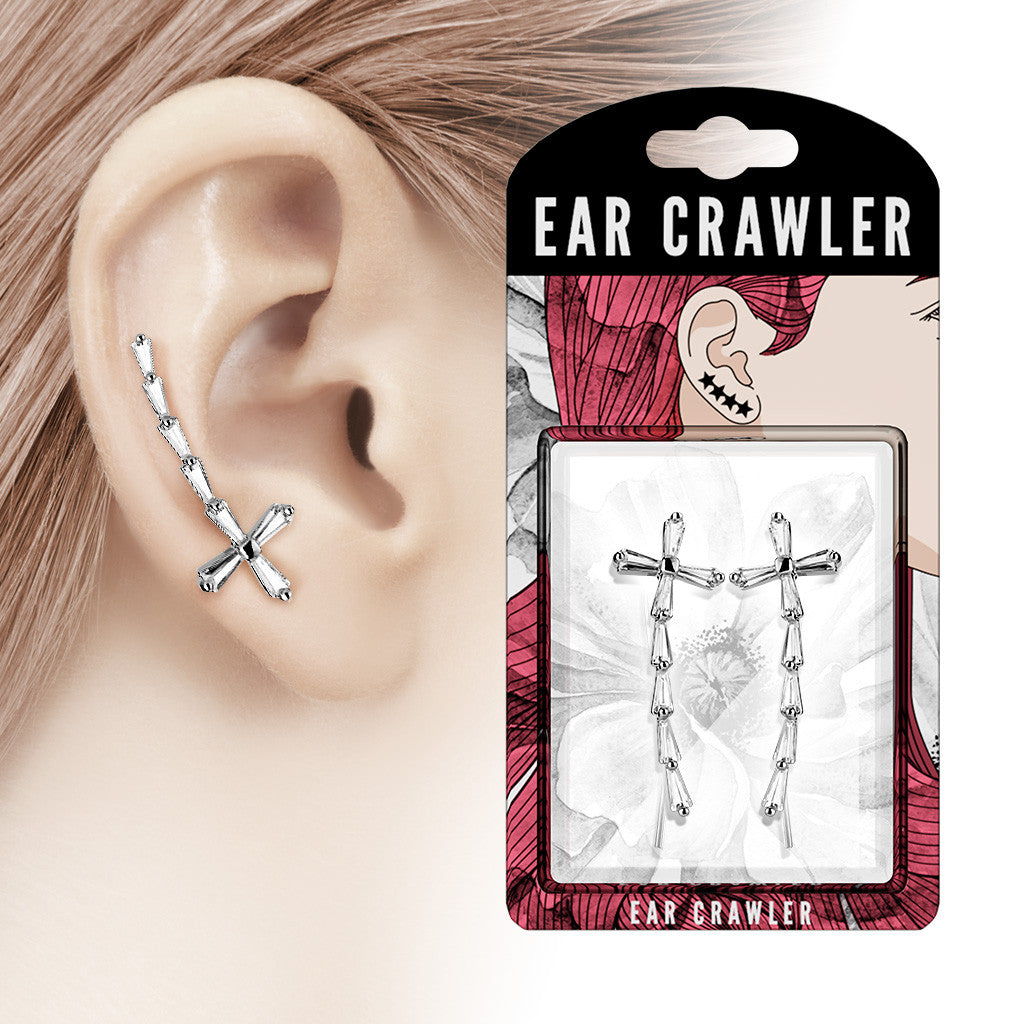 Brass Pair of Princess Cut CZ Cross Prepacked Ear Crawler/Ear Climber
