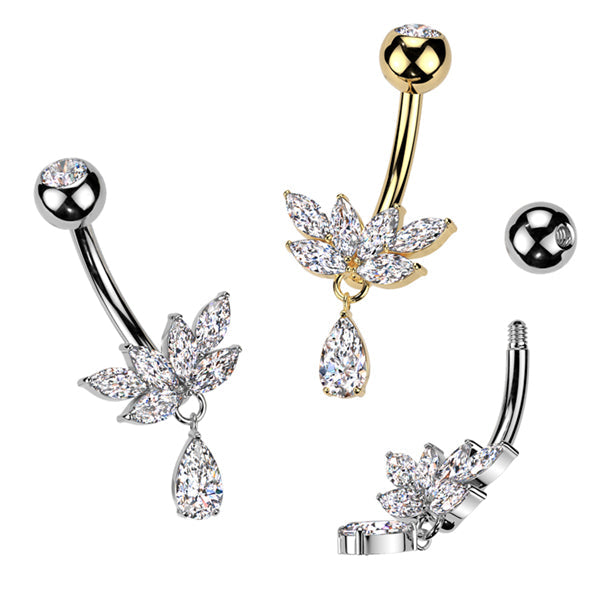 Implant Grade Titanium Bezel Set CZ Top With Brass Marquise CZ Fan And CZ Teardrop Dangle Belly Button Ring