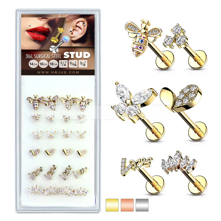 Fancy Styles with CZs 316L Surgical Steel Internally Threaded Labrets, Monroe, and Cartilage Studs