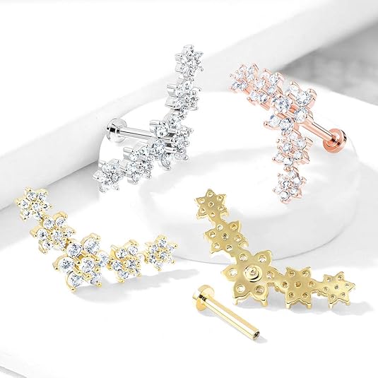 Five Double Tiered CZ Flowers Curve Top 316L Surgical Steel Internally...