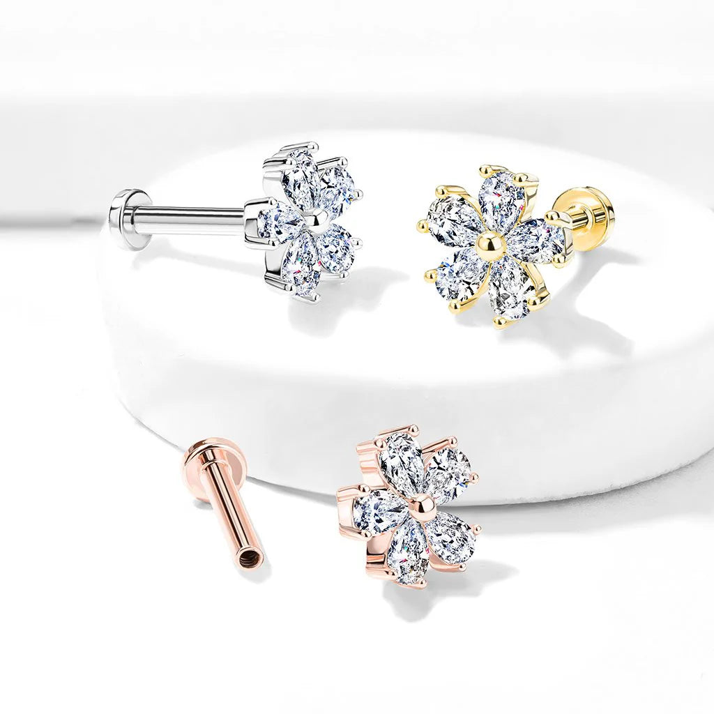 Five Pear CZ Petal Flower Internally Threaded 316L Surgical Steel Flat...