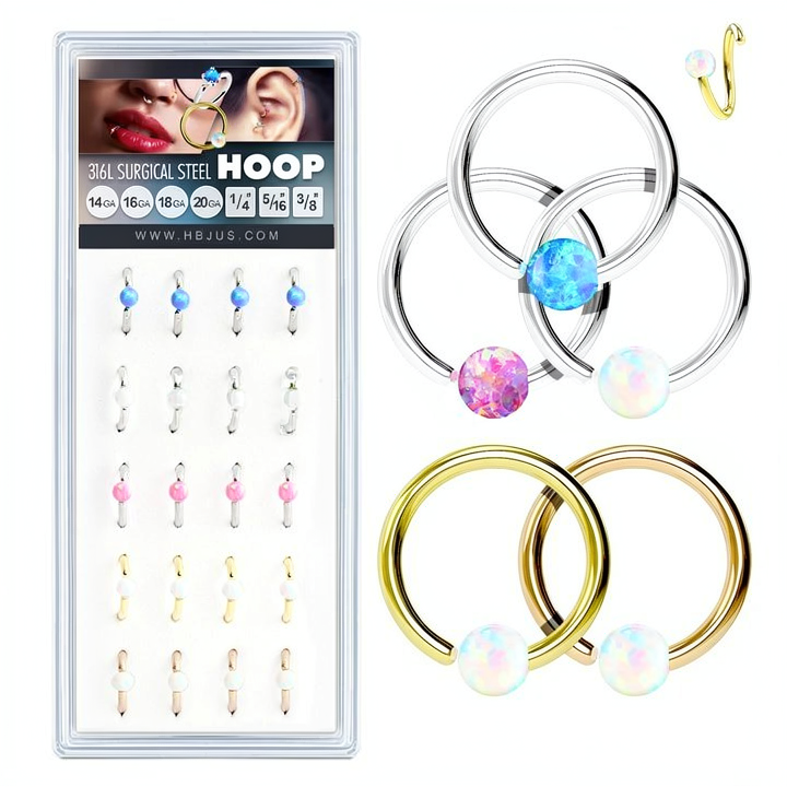 Fixed Opal Ball 316L Surgical Steel Hoop Rings for Nose, Ear Cartilage, Lip and More