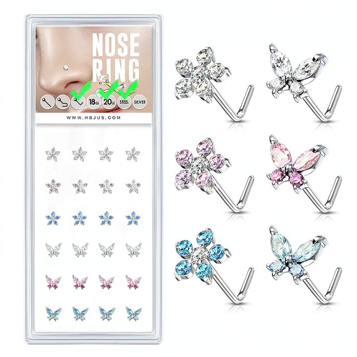 Flower and Butterfly Themed "L" Bend 20 Gauge 316L Surgical Steel Nose Bone