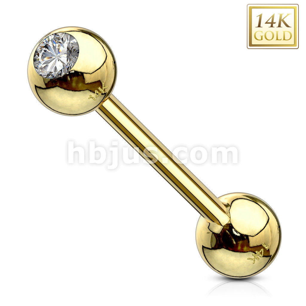 14KT  Gold Clear CZ Bezel Set Ball Top Barbell 14 Karat Solid Gold - Image 3