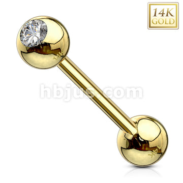 14KT  Gold Clear CZ Bezel Set Ball Top Barbell 14 Karat Solid Gold - Image 3
