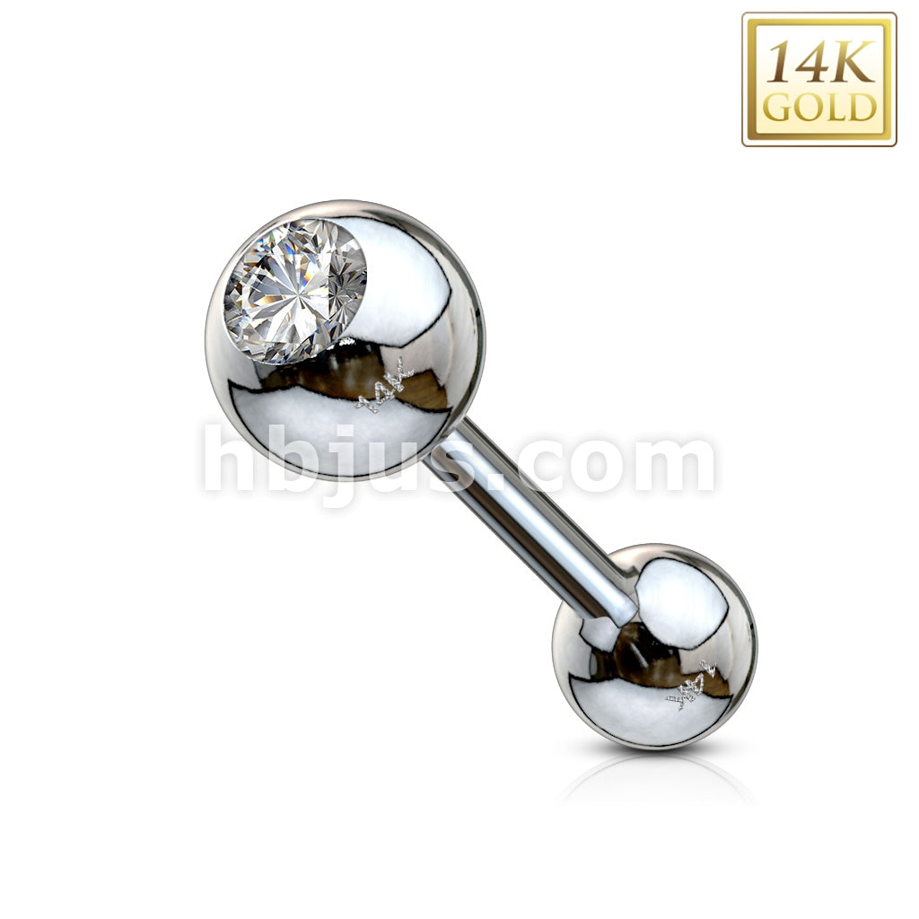 14KT  Gold Clear CZ Bezel Set Ball Top Barbell 14 Karat Solid Gold - Image 4