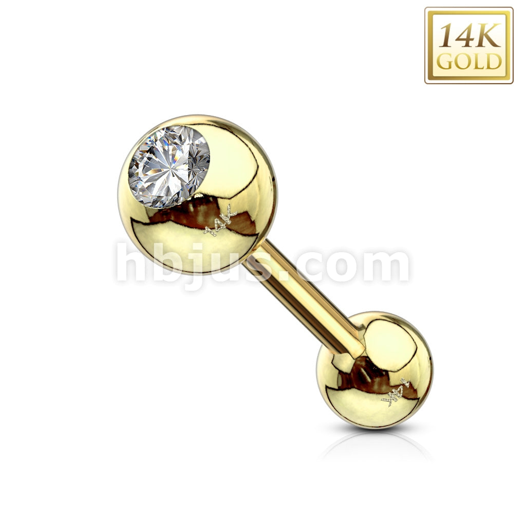 14KT  Gold Clear CZ Bezel Set Ball Top Barbell 14 Karat Solid Gold - Image 5