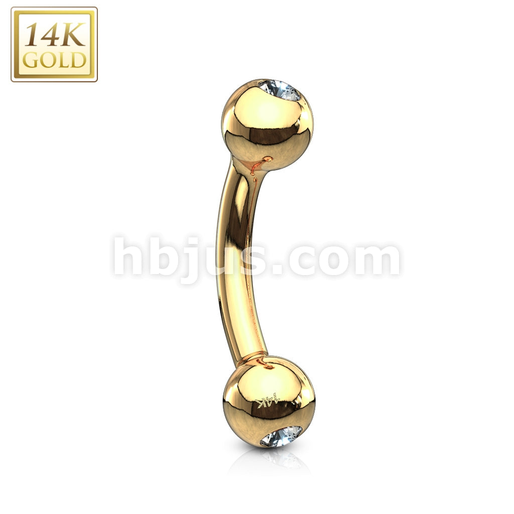14KT  Gold CZ Gem Ball Eyebrow Curve Ring 14 Karat Solid Gold - Image 3