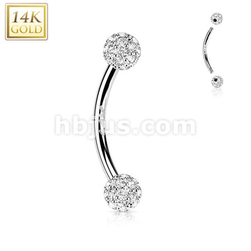 14KT  Gold 14K Gold Curved Eyebrow Barbell with CZ Paved Balls - Image 2