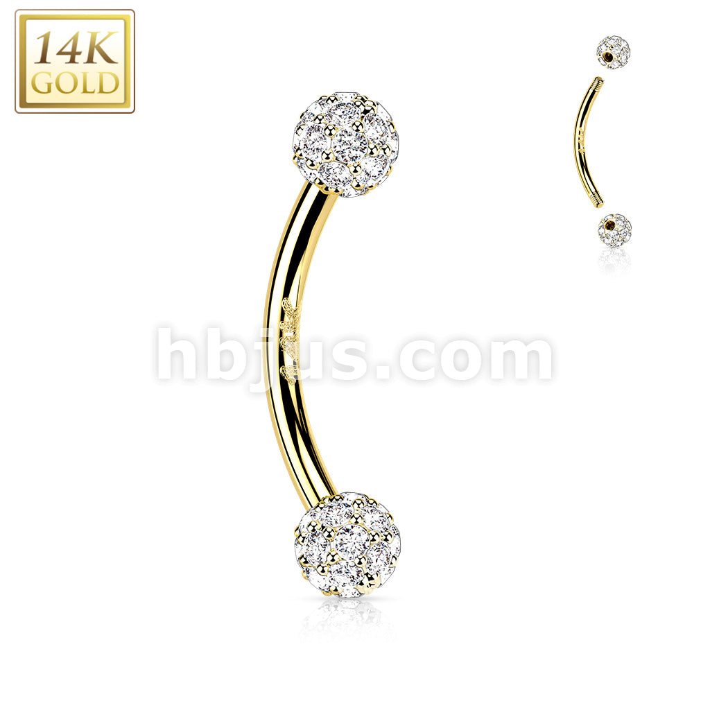 14KT  Gold 14K Gold Curved Eyebrow Barbell with CZ Paved Balls - Image 3