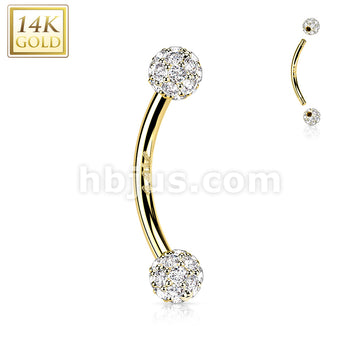 14KT  Gold 14K Gold Curved Eyebrow Barbell with CZ Paved Balls - Image 3