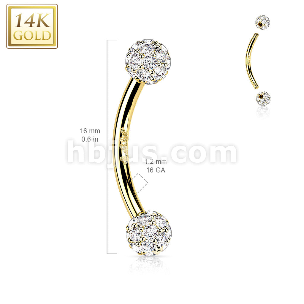 14KT  Gold 14K Gold Curved Eyebrow Barbell with CZ Paved Balls - Image 4