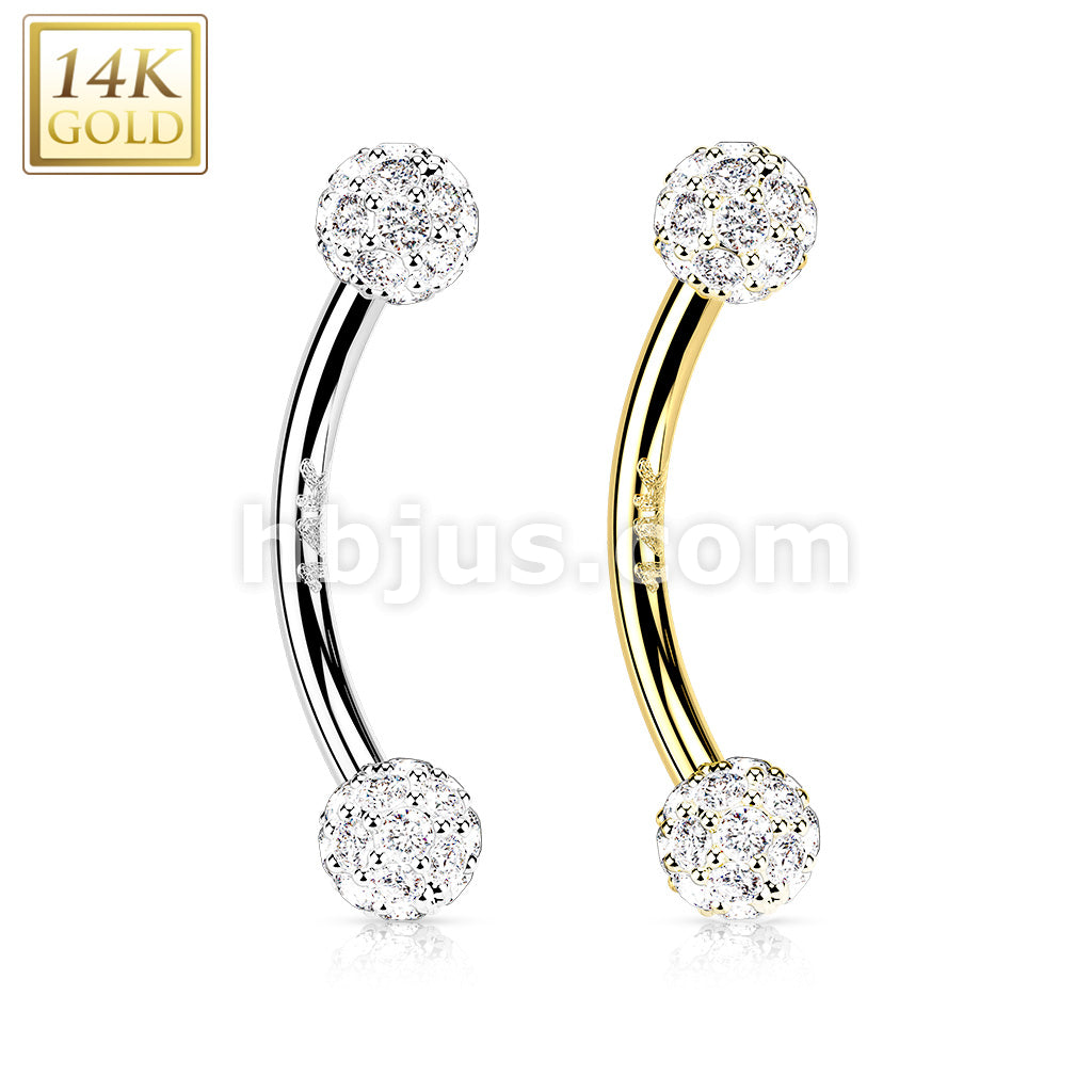 14KT  Gold 14K Gold Curved Eyebrow Barbell with CZ Paved Balls - Image 5