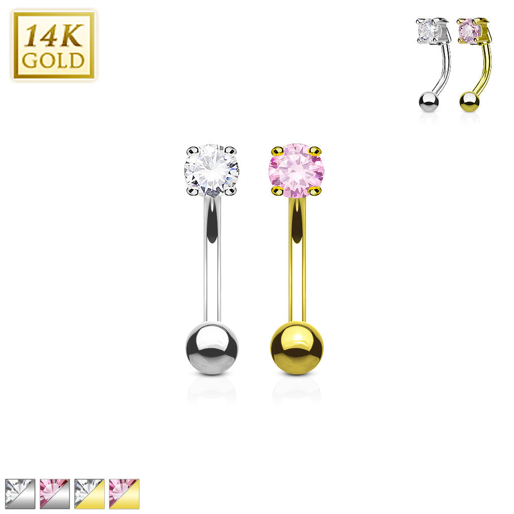 14KT Gold 14 Karat Round CZ Prong Eyebrow Curve Ring