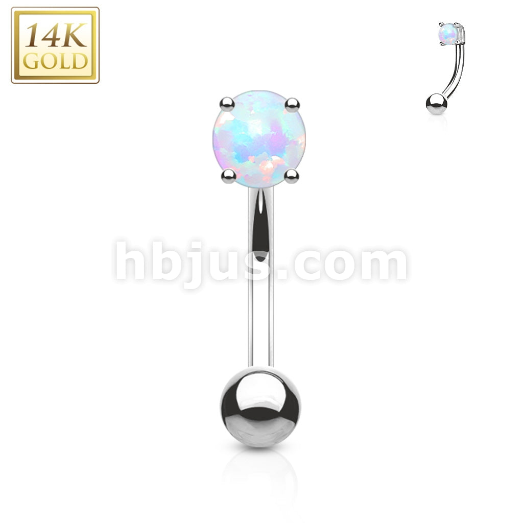 14KT  Gold Prong Set Opal Stone 14K Gold Curved Barbell Eyebrow Ring - Image 2