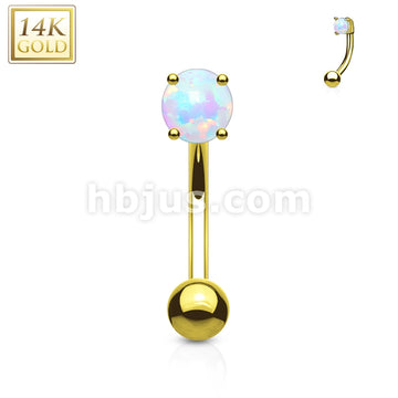 14KT  Gold Prong Set Opal Stone 14K Gold Curved Barbell Eyebrow Ring - Image 3