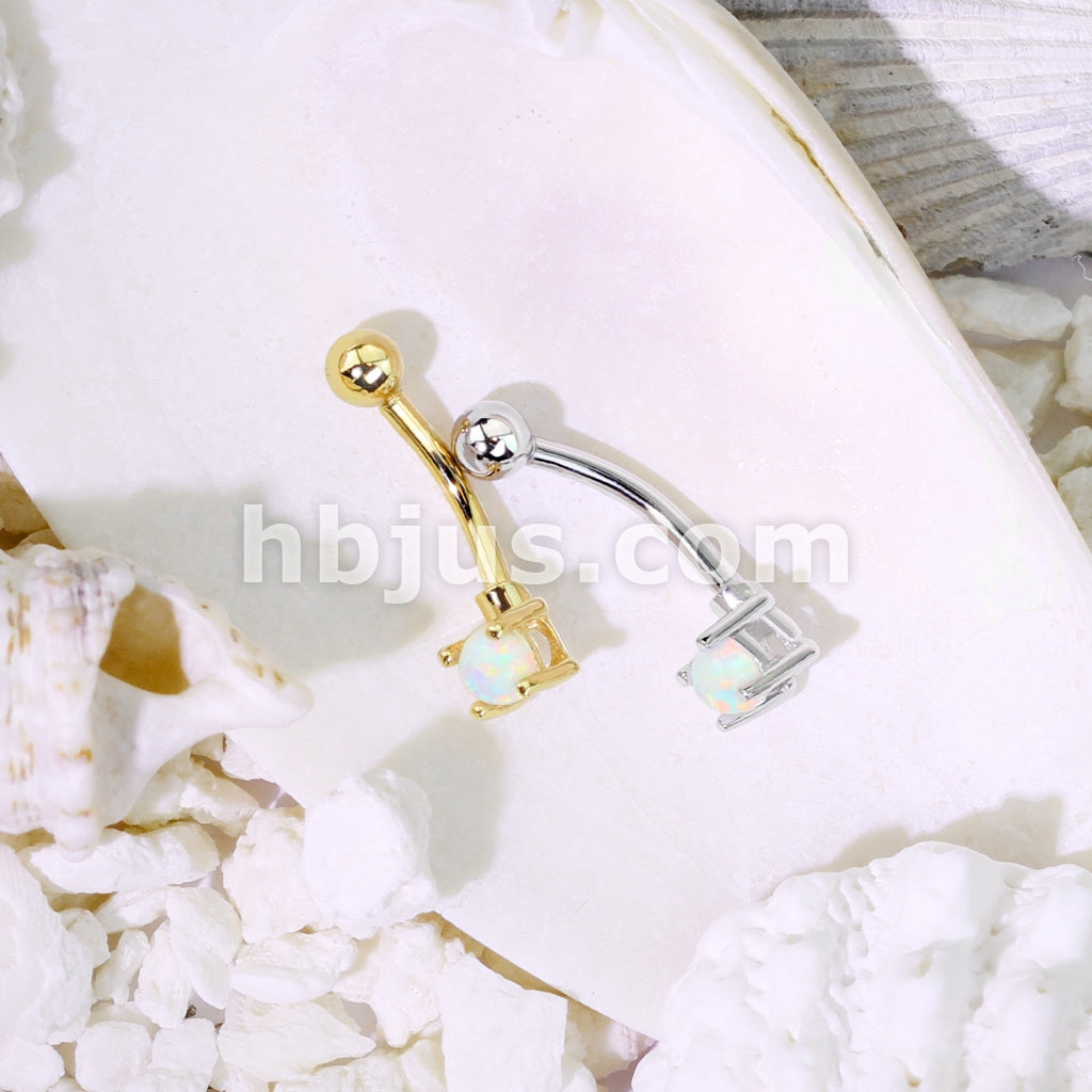 14KT  Gold Prong Set Opal Stone 14K Gold Curved Barbell Eyebrow Ring - Image 4