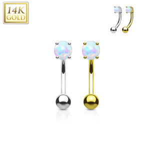 14KT Gold Prong Set Opal Stone 14K Gold Curved Barbell Eyebrow Ring