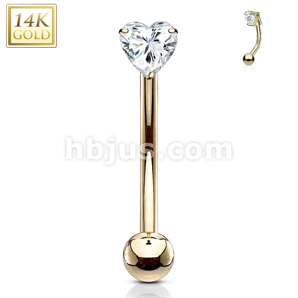14KT  Gold 14 Kt. Gold Heart CZ Prong Set Top 16ga Eyebrow Curved Rings - Image 4