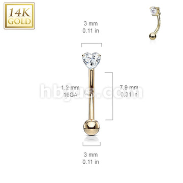 14KT  Gold 14 Kt. Gold Heart CZ Prong Set Top 16ga Eyebrow Curved Rings - Image 5