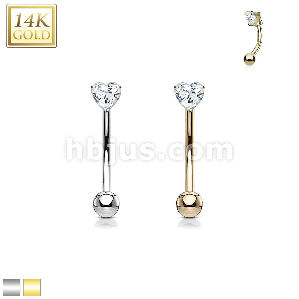 14KT  Gold 14 Kt. Gold Heart CZ Prong Set Top 16ga Eyebrow Curved Rings - Image 2