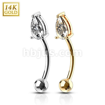 14KT  Gold 14 Karat Tear Drop CZ Prong Eyebrow Curve Ring - Image 5
