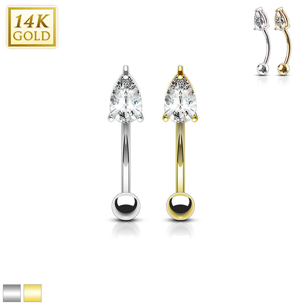 14KT Gold 14 Karat Tear Drop CZ Prong Eyebrow Curve Ring