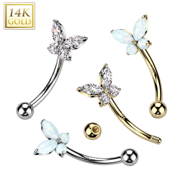 14K Gold Curved Eyebrow CZ or Opal Butterfly Ring