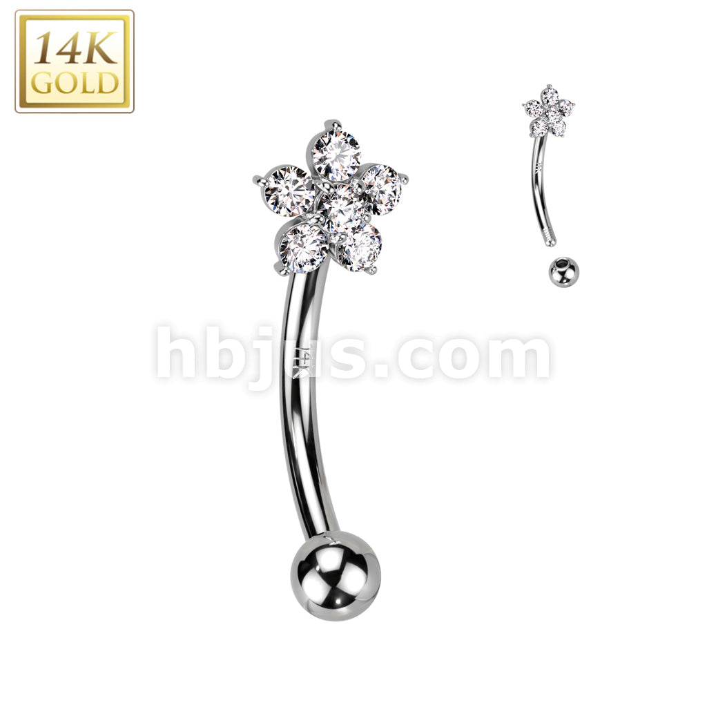14KT  Gold 14K Gold CZ Flower Curved Eyebrow Ring - Image 2
