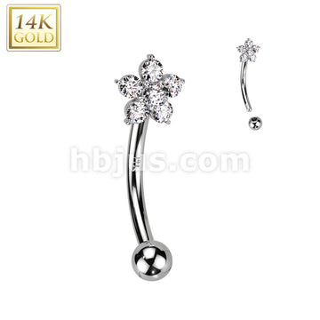 14KT  Gold 14K Gold CZ Flower Curved Eyebrow Ring - Image 2