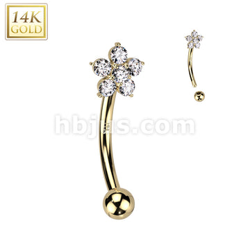 14KT  Gold 14K Gold CZ Flower Curved Eyebrow Ring - Image 3