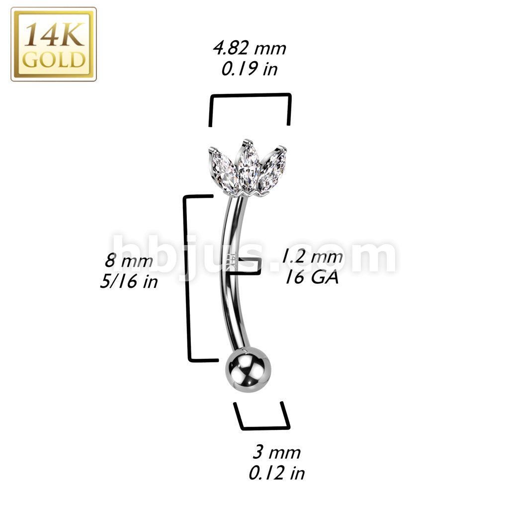 14K Gold Curved Eyebrow Triple CZ Marquise Fan Ring - Image 4