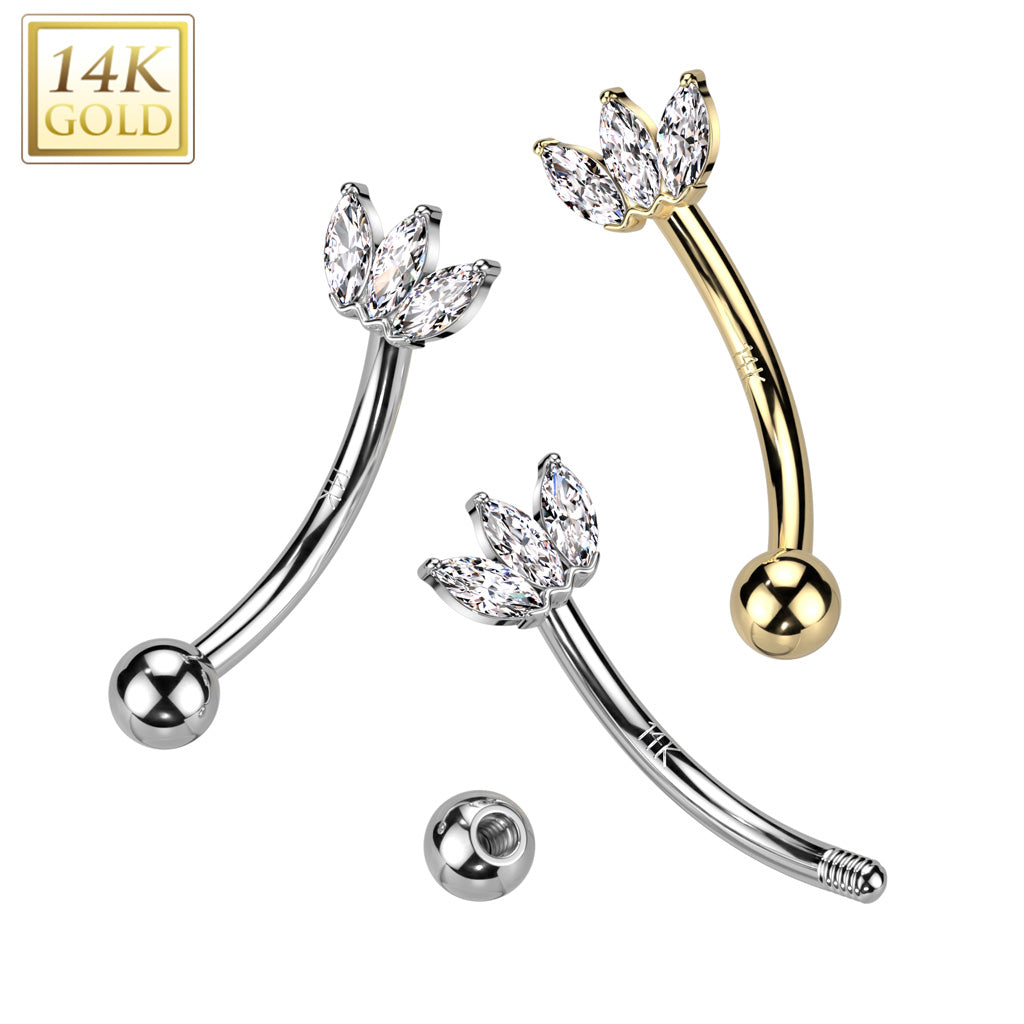 14KT Gold 14K Gold Curved Eyebrow Triple CZ Marquise Fan Ring