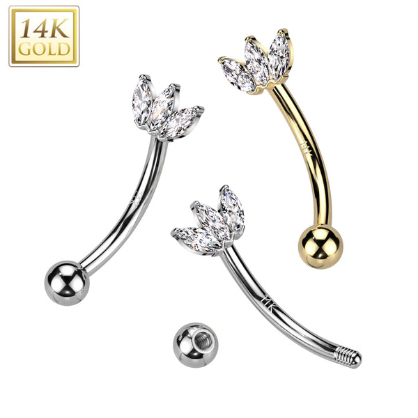 14K Gold Curved Eyebrow Triple CZ Marquise Fan Ring