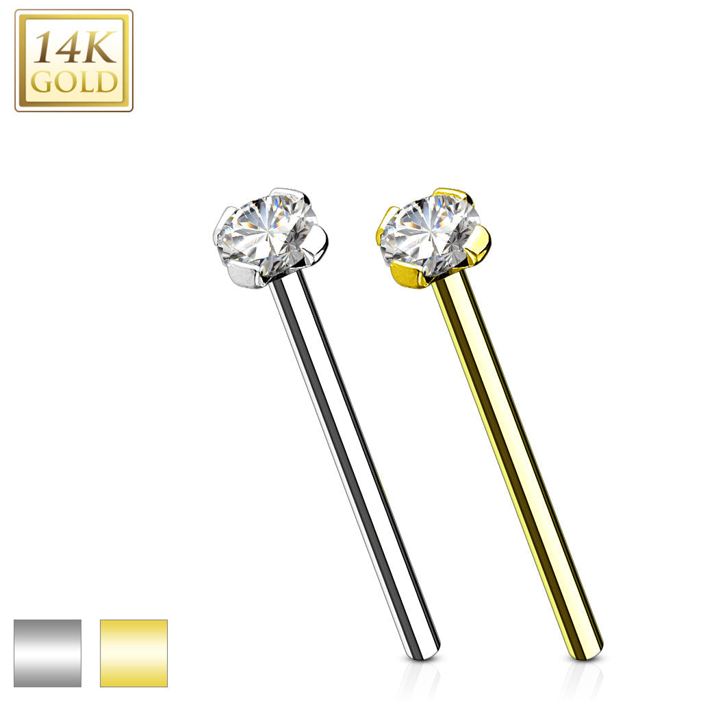14KT Gold 12mm Prong Set CZ Top 14 Karat Solid Gold Fishtail Nose Ring