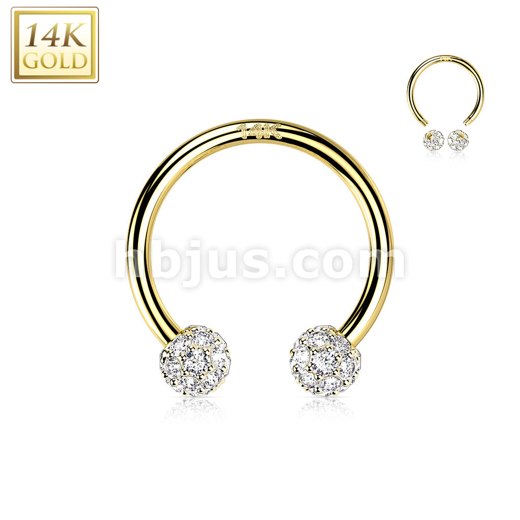 14KT  Gold 14K Gold Circular Barbell/Horseshoe with CZ Paved Balls - Image 3