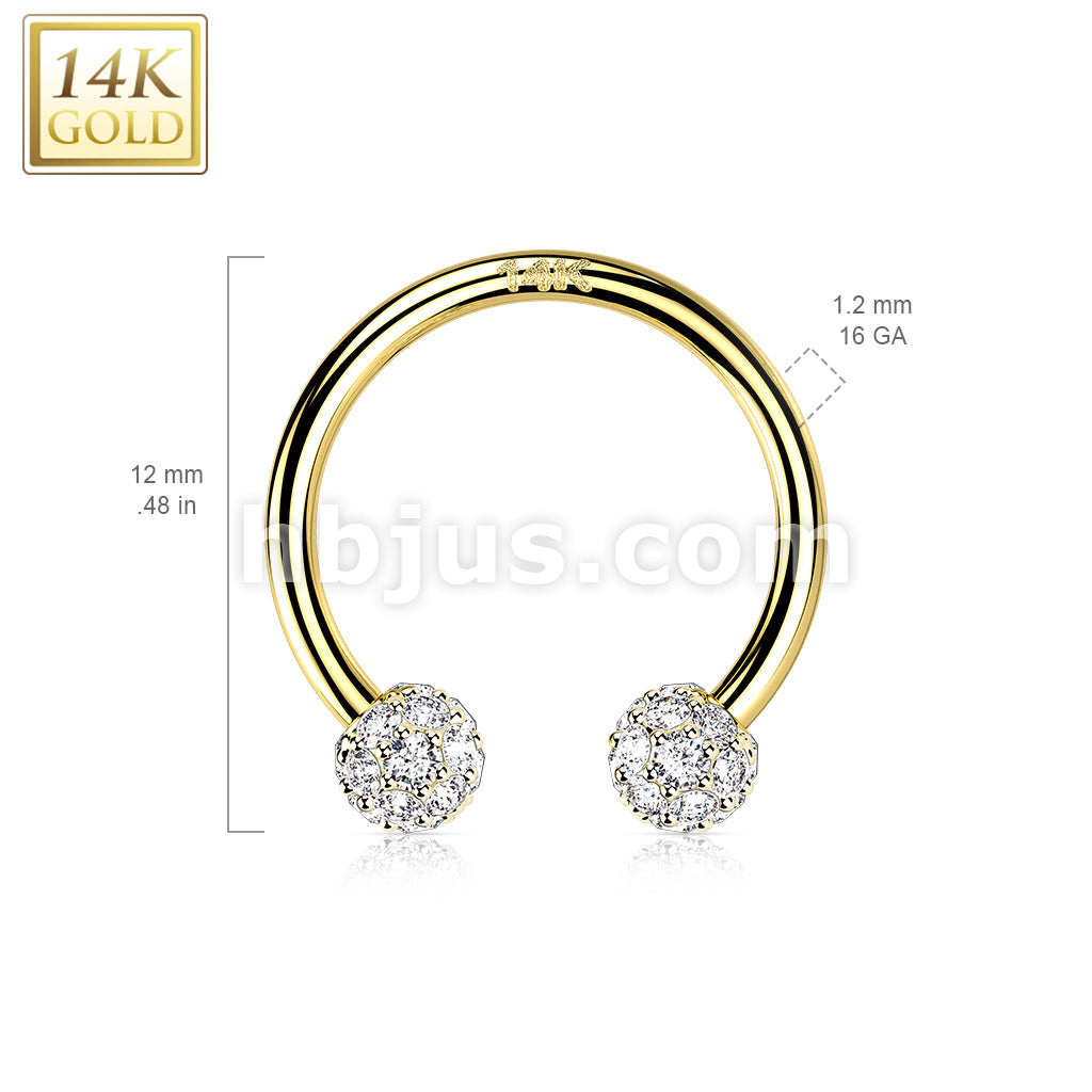 14K Gold Circular Barbell/Horseshoe with CZ Paved Balls - Image 4
