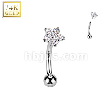 14K Gold Threadless Push In Curved Eyebrow Barbell With CZ Flower Top - Image 2