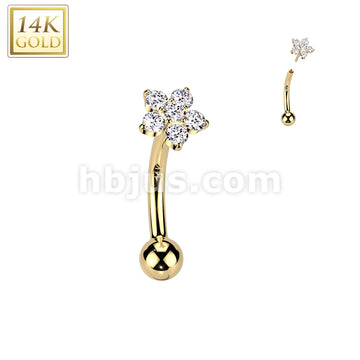 14K Gold Threadless Push In Curved Eyebrow Barbell With CZ Flower Top - Image 3