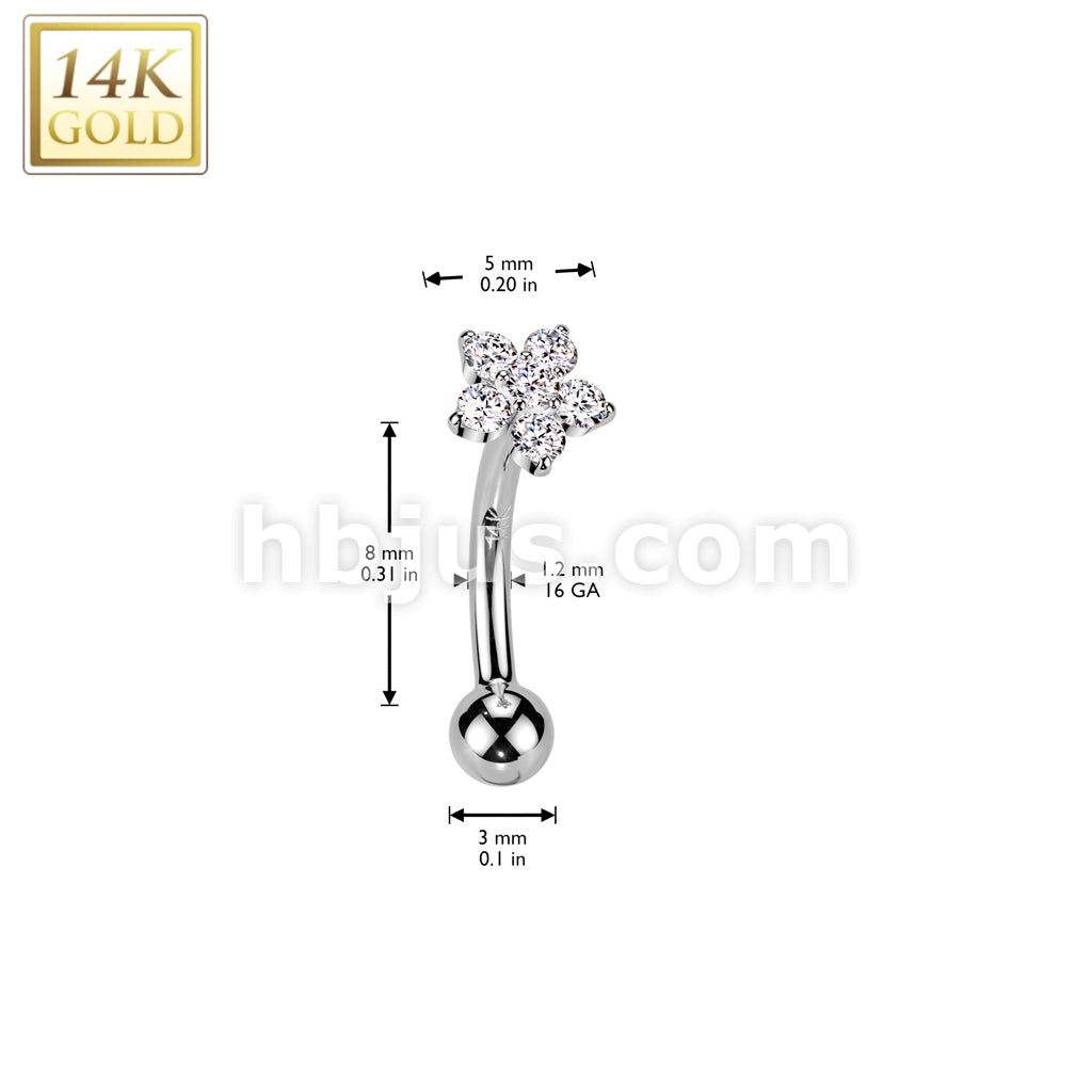 14K Gold Threadless Push In Curved Eyebrow Barbell With CZ Flower Top - Image 4