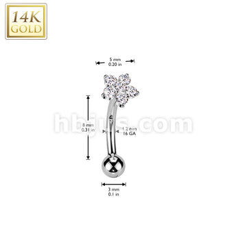 14K Gold Threadless Push In Curved Eyebrow Barbell With CZ Flower Top - Image 4
