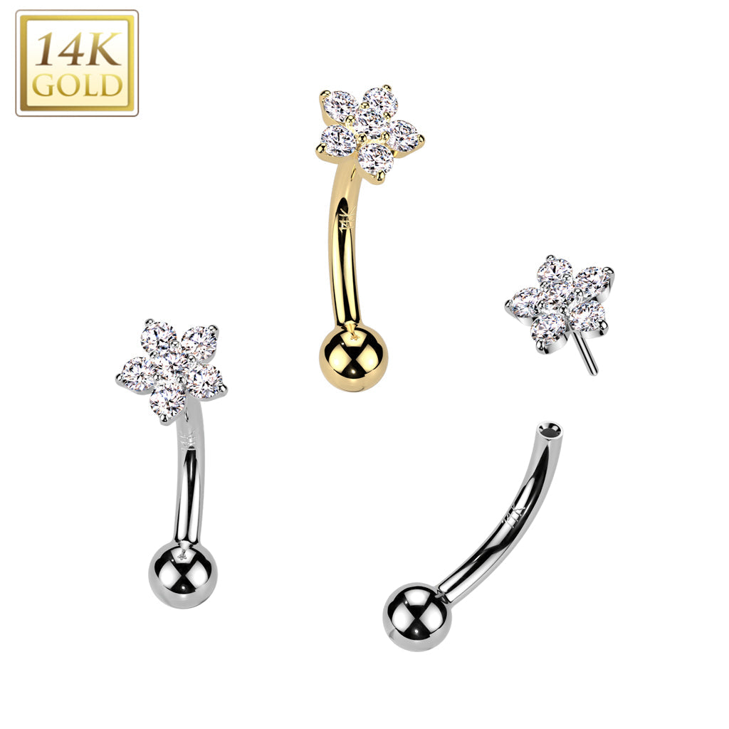 14K Gold Threadless Push In Curved Eyebrow Barbell With CZ Flower Top