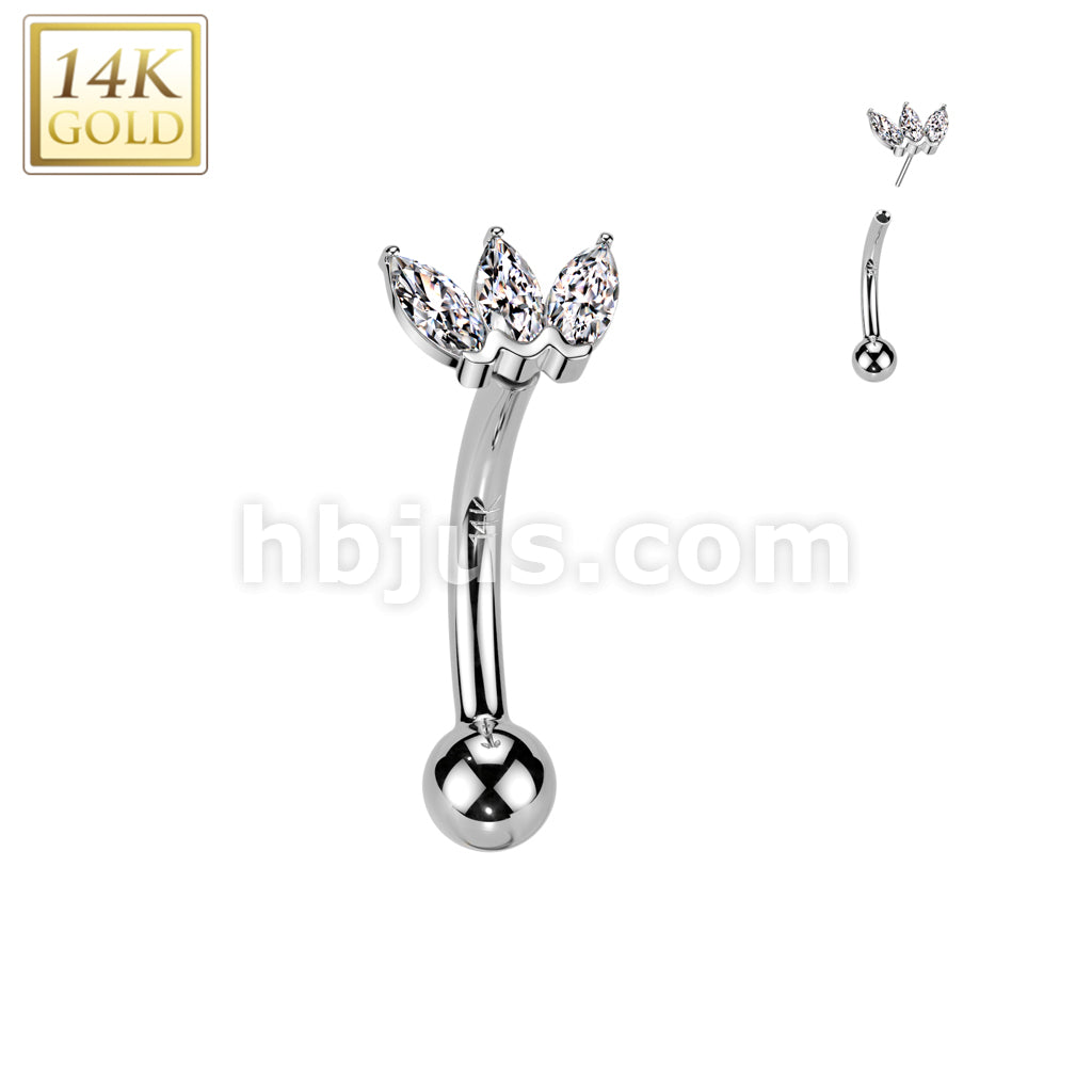 14K Gold Threadless Push In Curved Eyebrow Barbell With Triple Marquise CZ Top - Image 2
