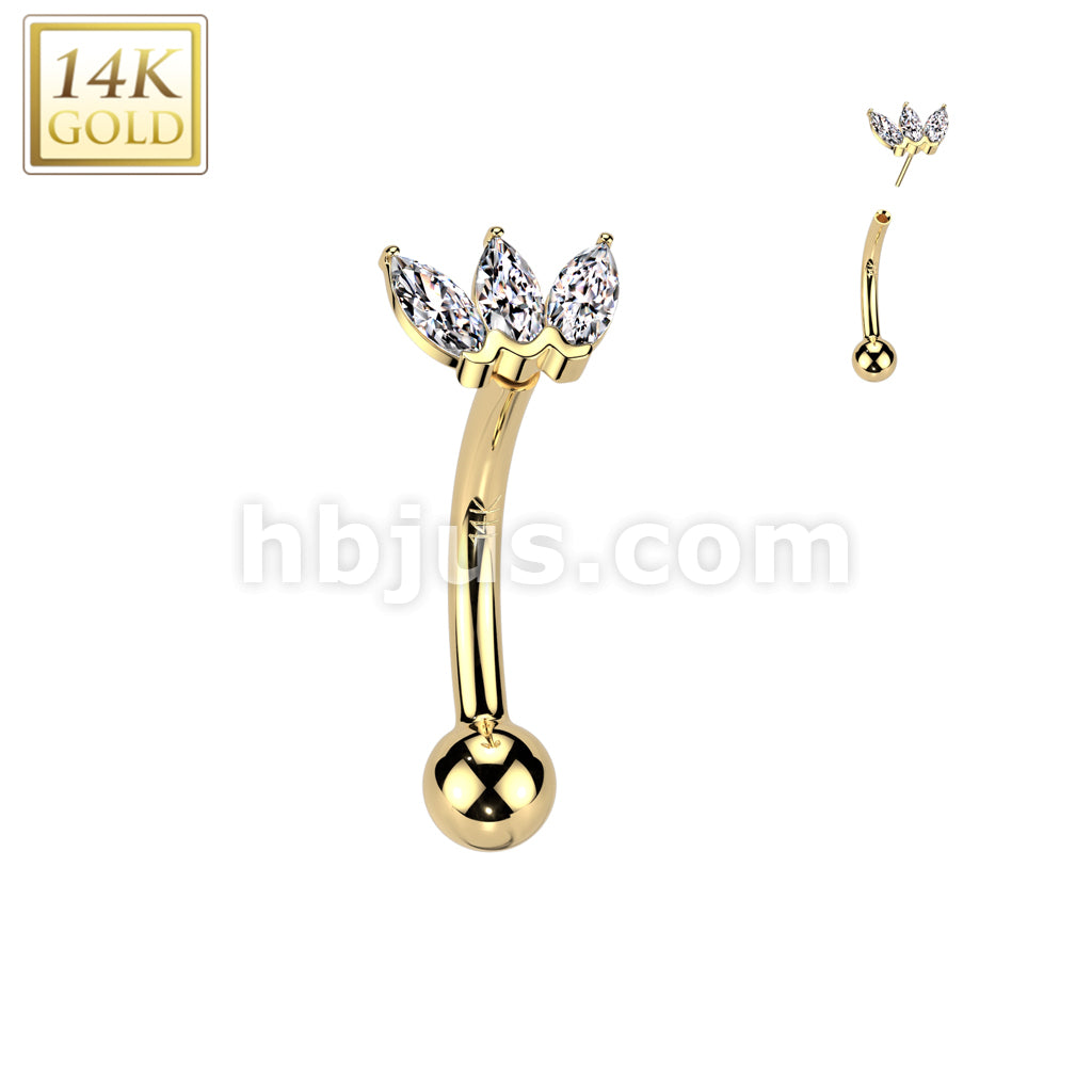14K Gold Threadless Push In Curved Eyebrow Barbell With Triple Marquise CZ Top - Image 3