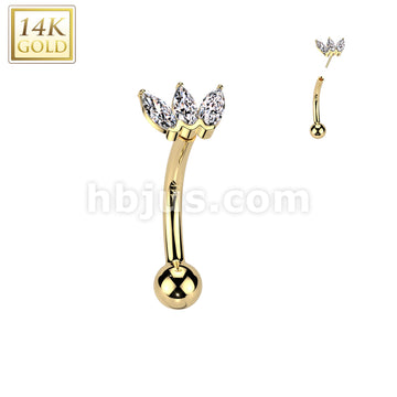 14K Gold Threadless Push In Curved Eyebrow Barbell With Triple Marquise CZ Top - Image 3