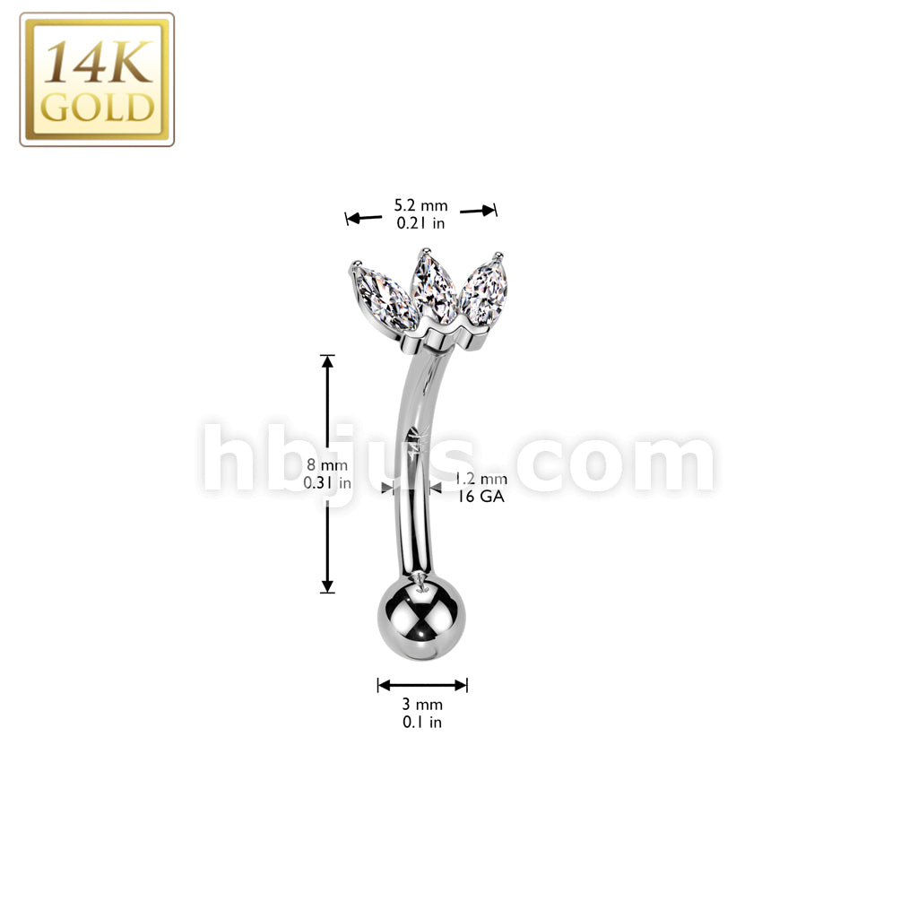 14K Gold Threadless Push In Curved Eyebrow Barbell With Triple Marquise CZ Top - Image 4