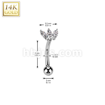 14K Gold Threadless Push In Curved Eyebrow Barbell With Triple Marquise CZ Top - Image 4