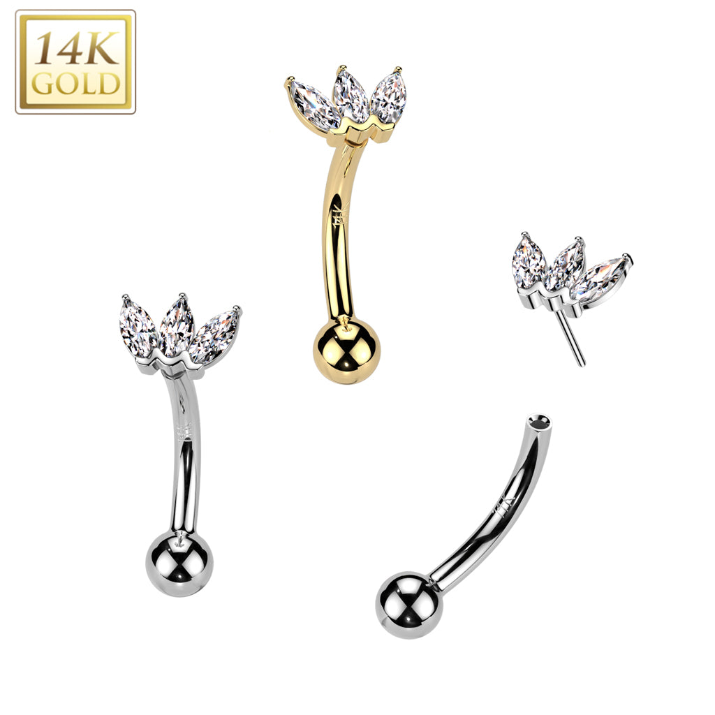 14K Gold Threadless Push In Curved Eyebrow Barbell With CZ Butterfly Top