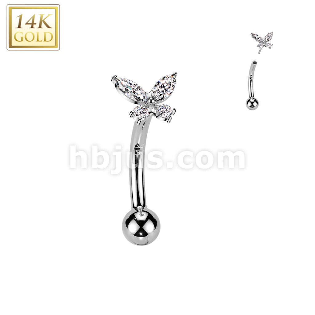 14K Gold Threadless Push In Curved Eyebrow Barbell With CZ Butterfly Top - Image 2